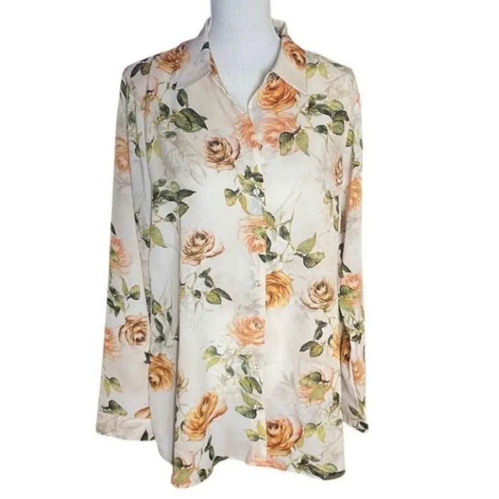Joan Vass Womens Rose Print Long Sleeve Button Front Blouse Apricot Green Large
